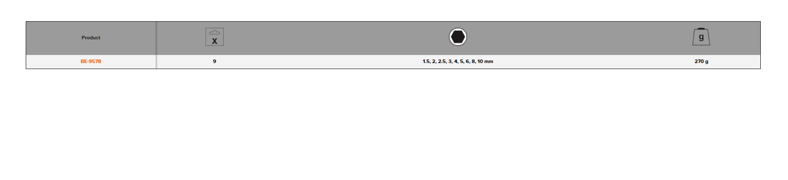 BAHCO BE-9578 Metric Hexagon Key Set with Dual- Component - 9 Pcs - Premium Hexagon Key Set from BAHCO - Shop now at Yew Aik.