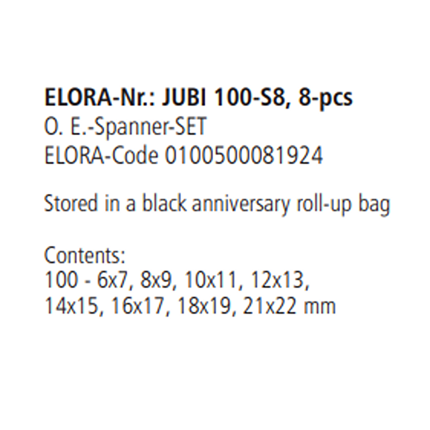 ELORA JUBI 100-S8 Spanner Set Roll Up Bag 8Pcs (ELORA TOOLS) - Yew Aik (S) Pte Ltd