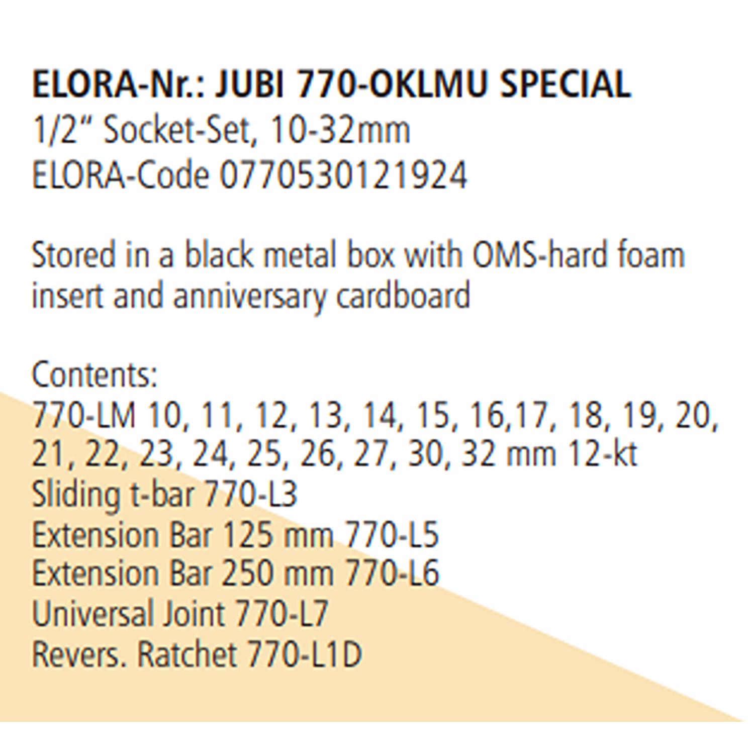 ELORA JUBI 770-OKLMU 1/2" Socket Set 10-32mm (ELORA Tools) - Yew Aik (S) Pte Ltd
