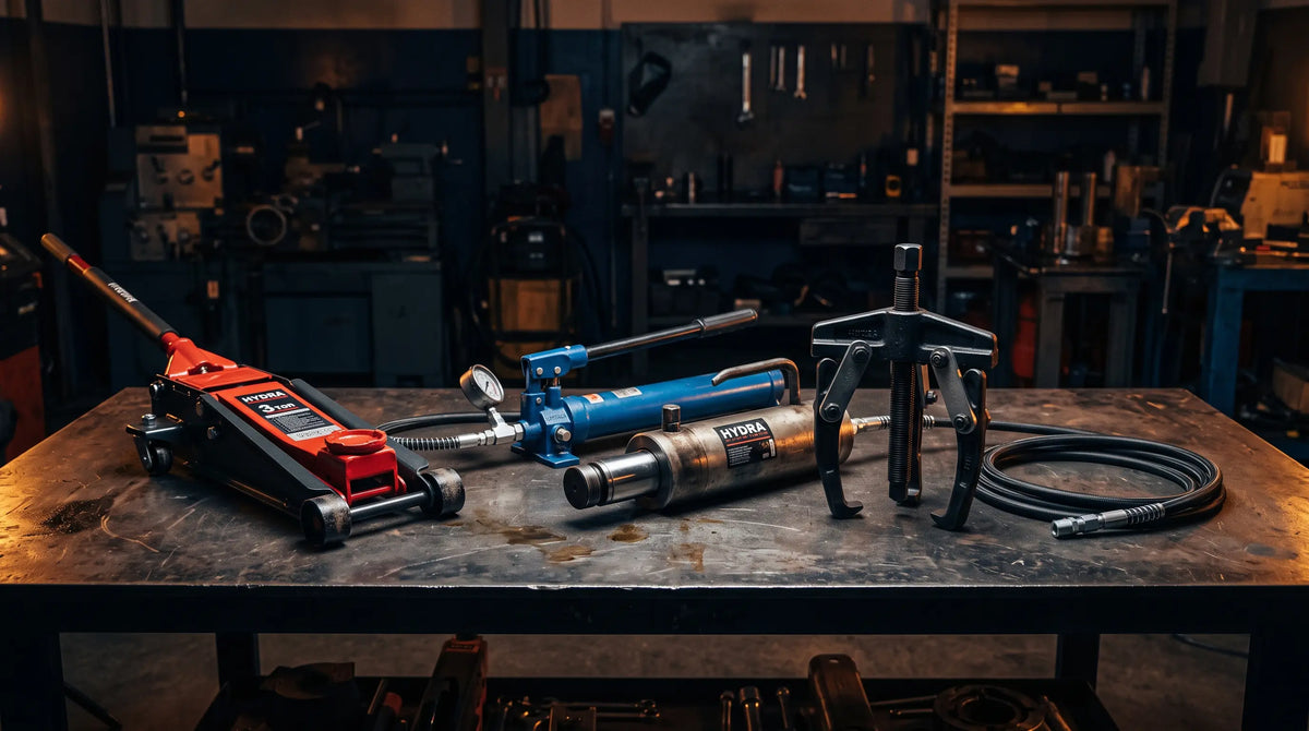 Hydraulic tools including jacks, cylinders, pullers and pumps for workshop and industrial use