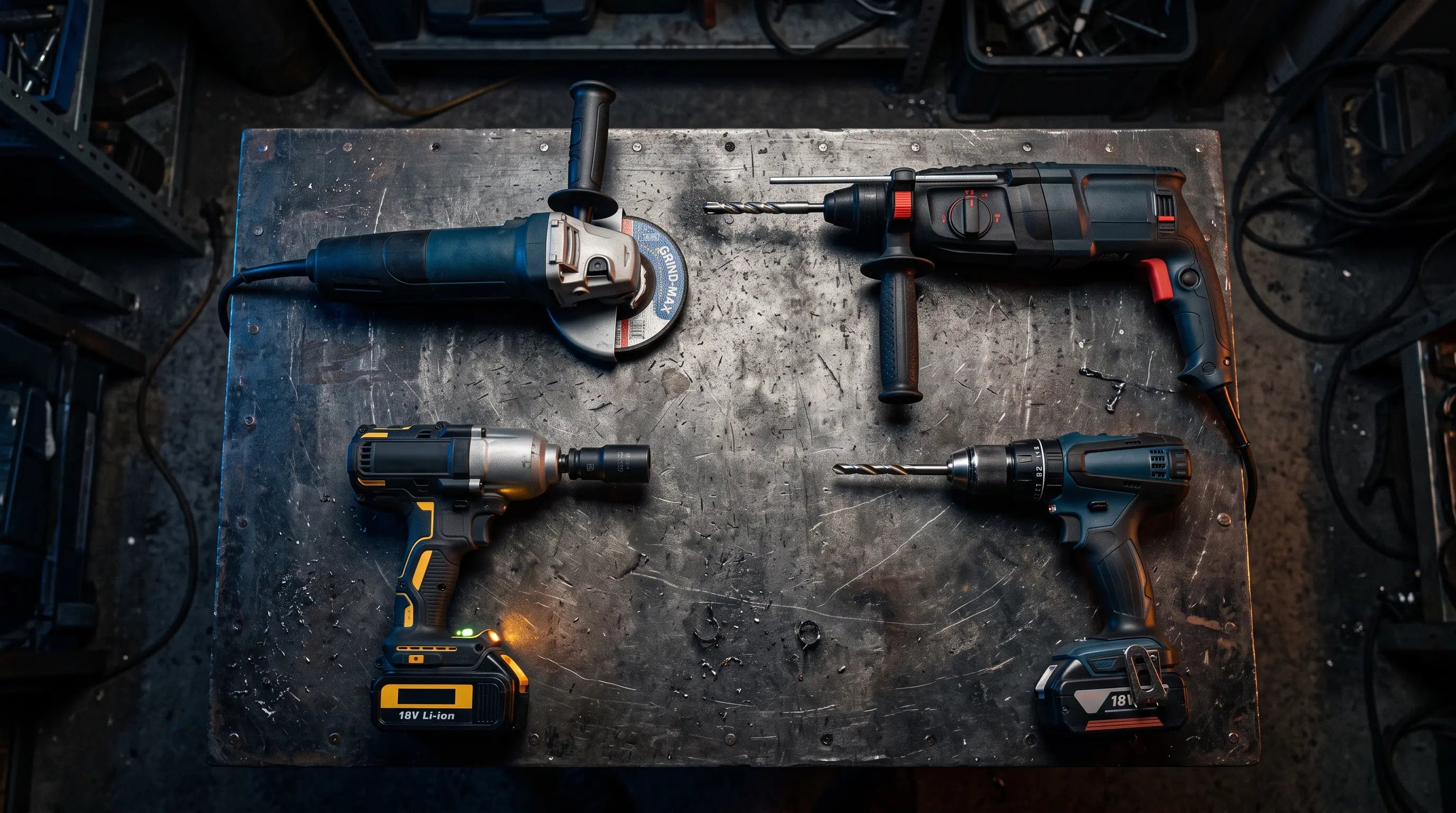Professional power tools for workshop and industrial use arranged on a dark surface