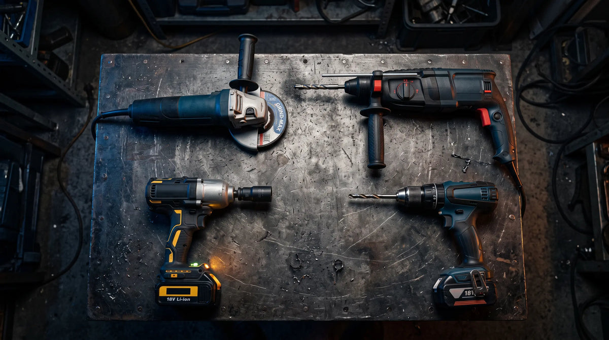 Professional power tools for workshop and industrial use arranged on a dark surface