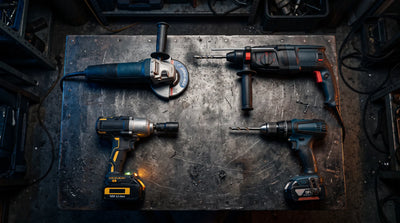 Professional power tools for workshop and industrial use arranged on a dark surface