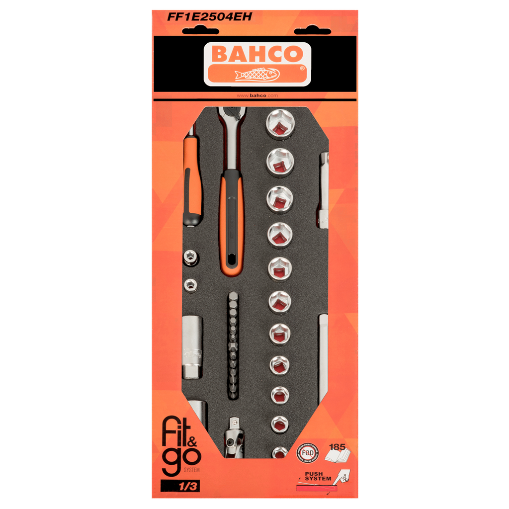 BAHCO FF1E2504EH Fit&Go 1/3 Foam Inlay 1/4” & 3/8” Socket Set - 33 pcs Retail Pack (BAHCO Tools - Premium SOCKET SET from BAHCO - Shop now at Yew Aik.