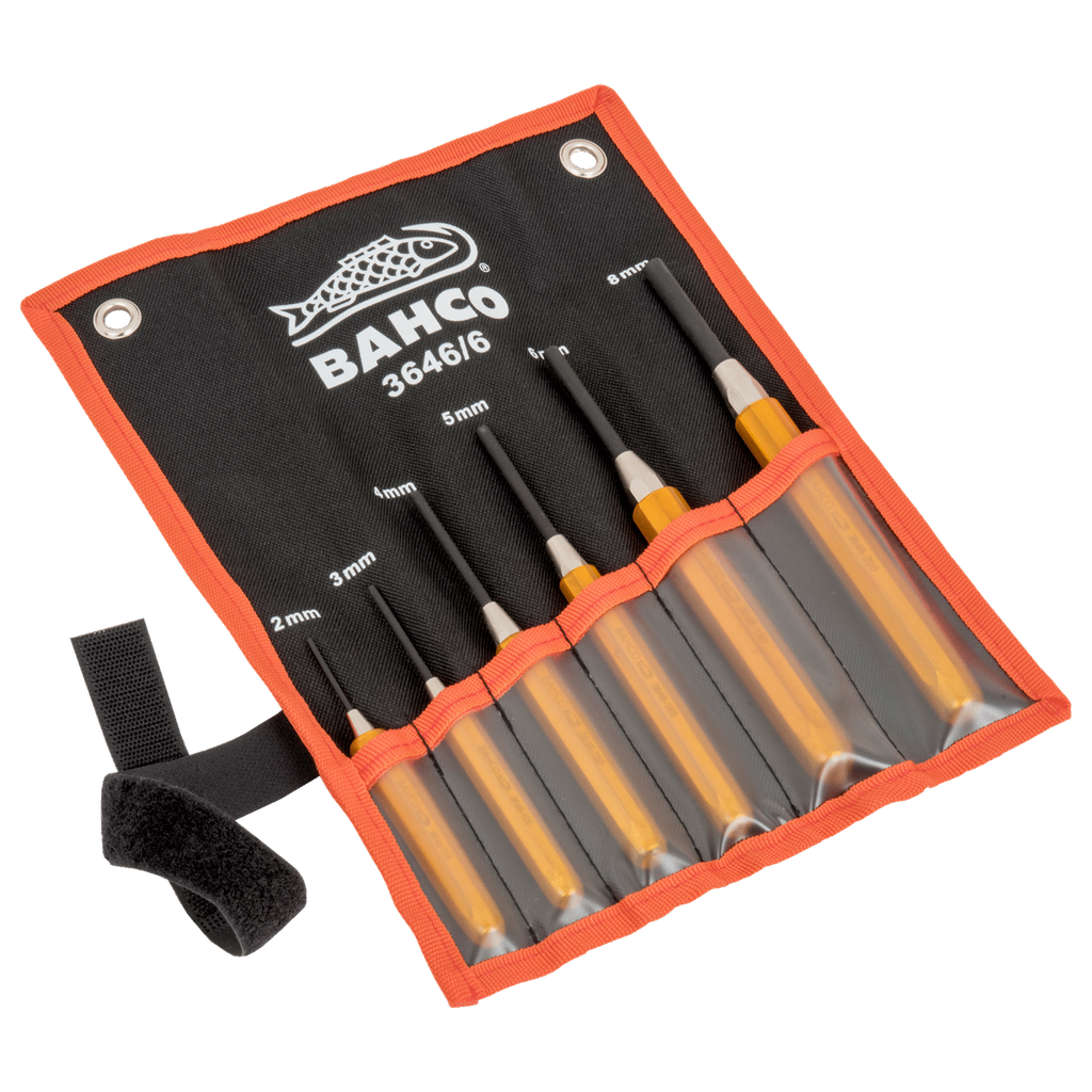 BAHCO 3646/6 Fine Grounded Pin Drift Punch Set with Hand Protection - 6 Pcs/Wooden Stand (BAHCO Tools) - Premium Punches from BAHCO - Shop now at Yew Aik.