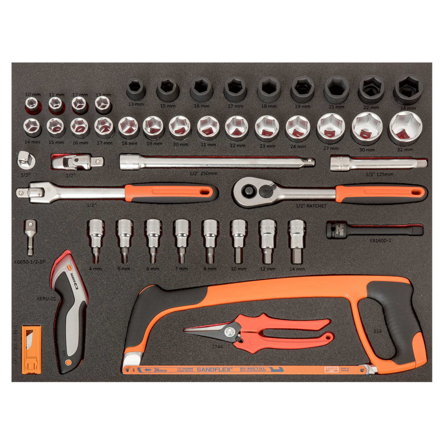 BAHCO FF1A208LM Fit&Go 3/3 Foam Laser Marked Inlay 1/2 Socket Set - Premium Socket Set from BAHCO - Shop now at Yew Aik.