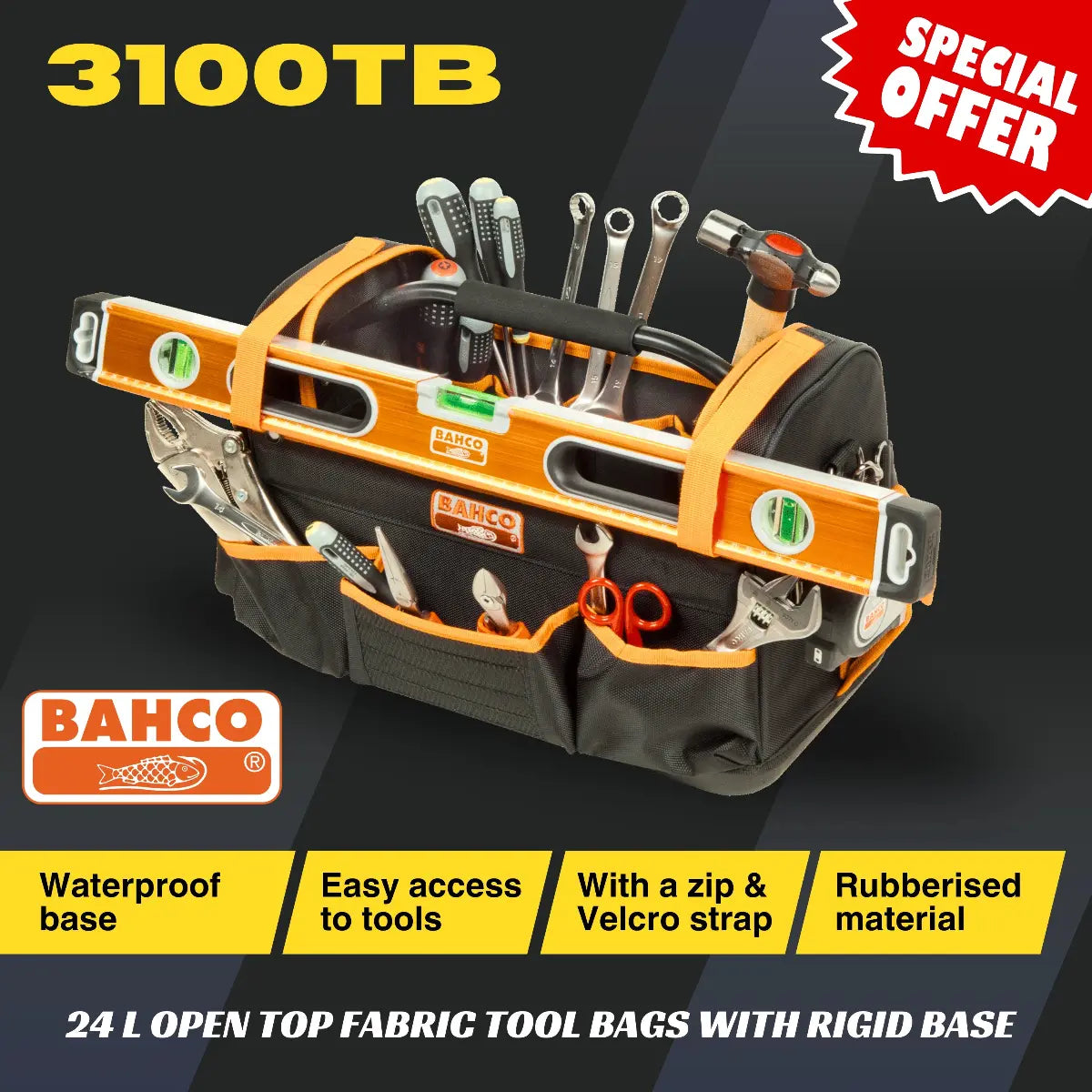 Bahco tool bag with tools on a black background, featuring the brand logo and product details.